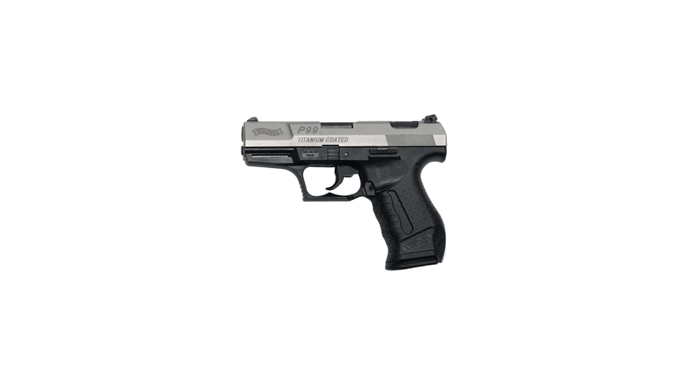Walther P99-Titanium-Coated Pistol, .40 S&amp;W, 4.12 in barrel, black polymer frame, integrated polymer grip, recoil operated semi-automatic, double-action, slide mounted decock button, white 3-dot adjustable, 12 round magazine, WA-P99-TTNM-CT-FRRMPG