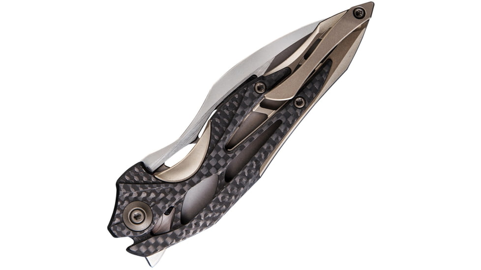 We Knife Co Ltd Arrakis Framelock Folding Knife, 4.5in Closed, 3.5in Bohler M390 SS Blade, Champagne Titanium Handle With Carbon Fiber Inlay, Pocket Clip, Stonewash And Satin Blade, Champagne, 906CF-A