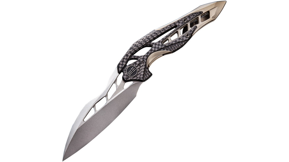 We Knife Co Ltd Arrakis Framelock Folding Knife, 4.5in Closed, 3.5in Bohler M390 SS Blade, Champagne Titanium Handle With Carbon Fiber Inlay, Pocket Clip, Stonewash And Satin Blade, Champagne, 906CF-A