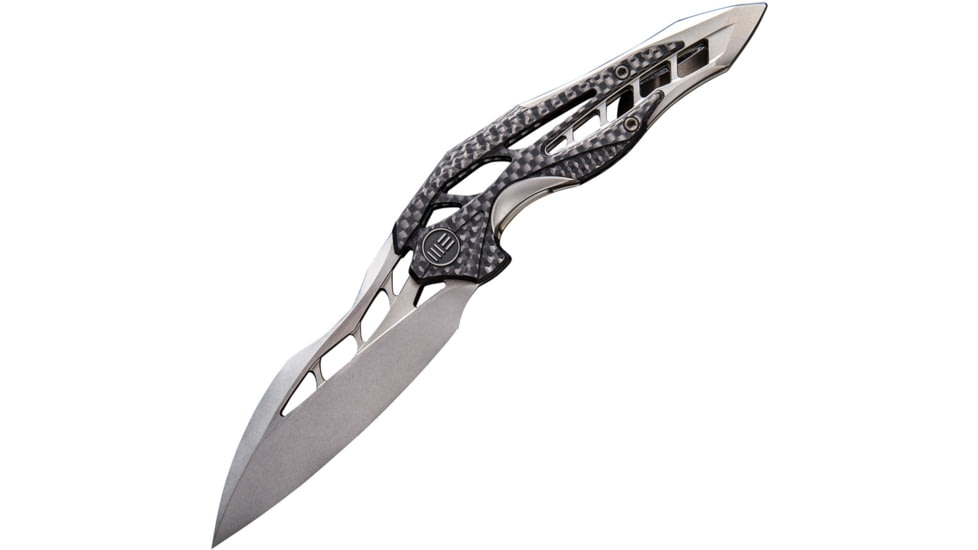 We Knife Co Ltd Arrakis Framelock Folding Knife, 4.5in Closed, 3.5in Bohler M390 SS Blade, Gray Titanium Handle With Carbon Fiber Inlay, Pocket Clip, Stonewash And Satin Blade, Gray, 906CF-C