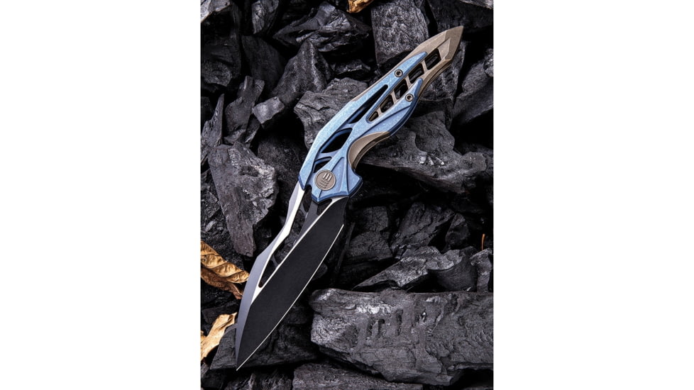 We Knife Co Ltd Arrakis Framelock Folding Knife, 4.5in Closed, 3.5in M390 SS Blade, Blue/Brown Stonewash Titanium Handle, Black Stonewash And Satin Blade, Black Nylon Case, 906B