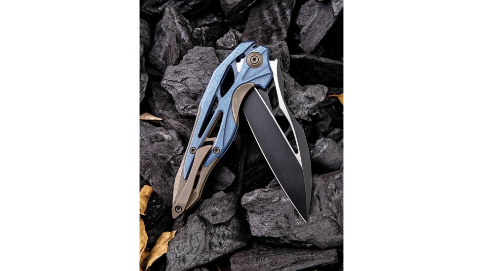 We Knife Co Ltd Arrakis Framelock Folding Knife, 4.5in Closed, 3.5in M390 SS Blade, Blue/Brown Stonewash Titanium Handle, Black Stonewash And Satin Blade, Black Nylon Case, 906B