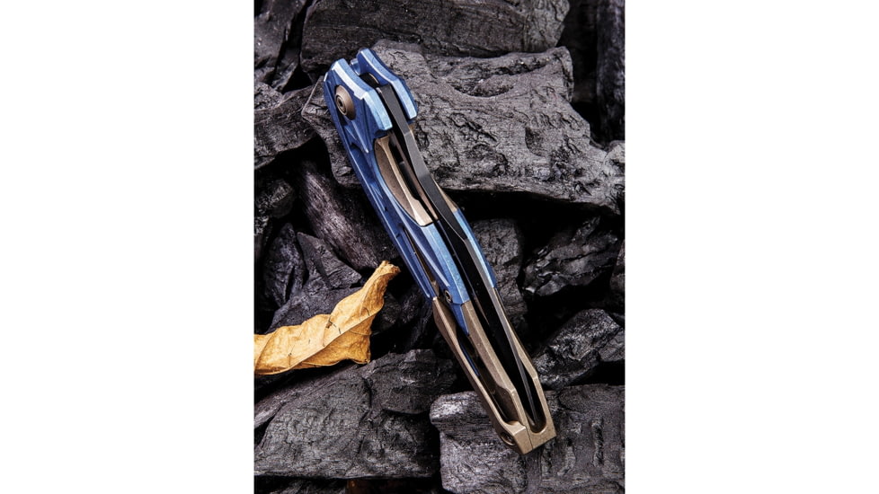 We Knife Co Ltd Arrakis Framelock Folding Knife, 4.5in Closed, 3.5in M390 SS Blade, Blue/Brown Stonewash Titanium Handle, Black Stonewash And Satin Blade, Black Nylon Case, 906B