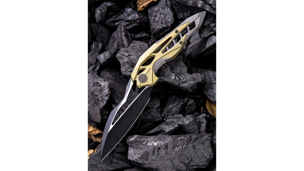 We Knife Co Ltd Arrakis Framelock Folding Knife, 4.5in Closed, 3.5in M390 SS Blade, Gold And Silver Titanium Handle, Black Stonewash And Satin Blade, Black Nylon Zippered Case, Gold and silver, 906A