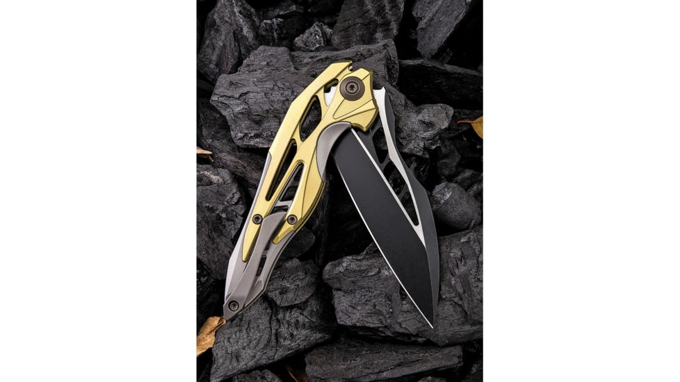 We Knife Co Ltd Arrakis Framelock Folding Knife, 4.5in Closed, 3.5in M390 SS Blade, Gold And Silver Titanium Handle, Black Stonewash And Satin Blade, Black Nylon Zippered Case, Gold and silver, 906A