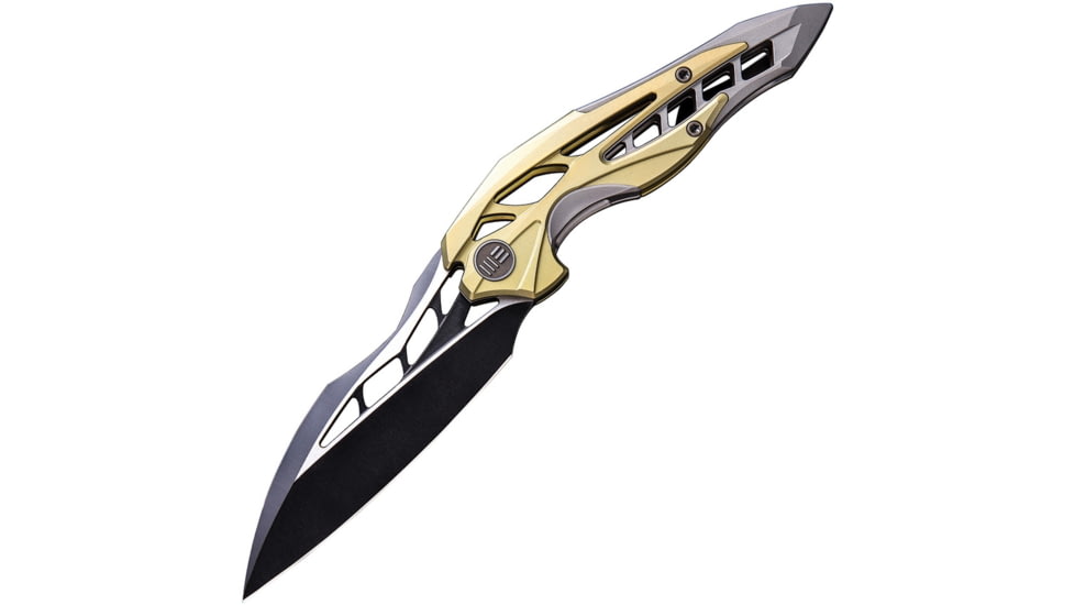 We Knife Co Ltd Arrakis Framelock Folding Knife, 4.5in Closed, 3.5in M390 SS Blade, Gold And Silver Titanium Handle, Black Stonewash And Satin Blade, Black Nylon Zippered Case, Gold and silver, 906A