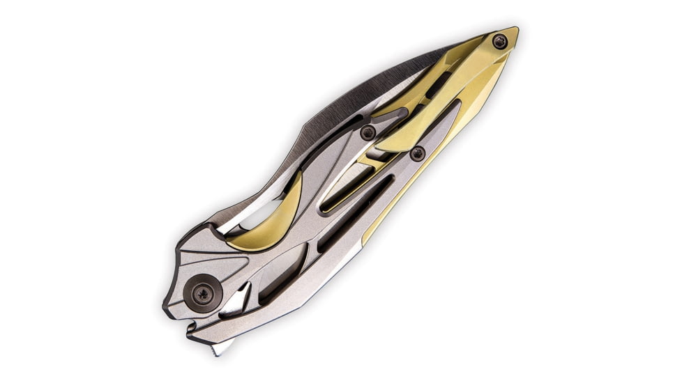 We Knife Co Ltd Arrakis Framelock Folding Knife, 4.5in Closed, 3.5in Satin Bohler M390 SS Blade, Gold And Silver Titanium Handle, Pocket Clip, Black Nylon Zippered Storage Case, Gold and silver, 906C