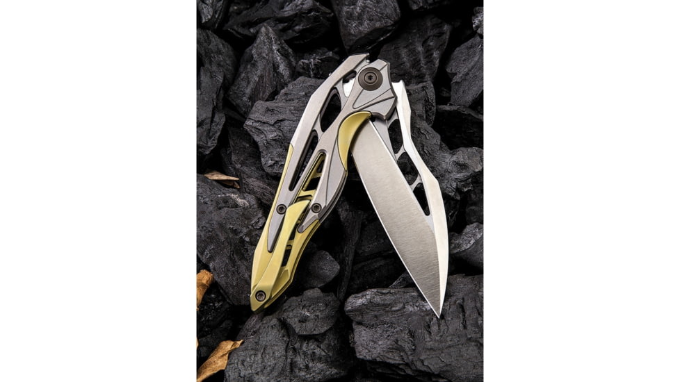 We Knife Co Ltd Arrakis Framelock Folding Knife, 4.5in Closed, 3.5in Satin Bohler M390 SS Blade, Gold And Silver Titanium Handle, Pocket Clip, Black Nylon Zippered Storage Case, Gold and silver, 906C