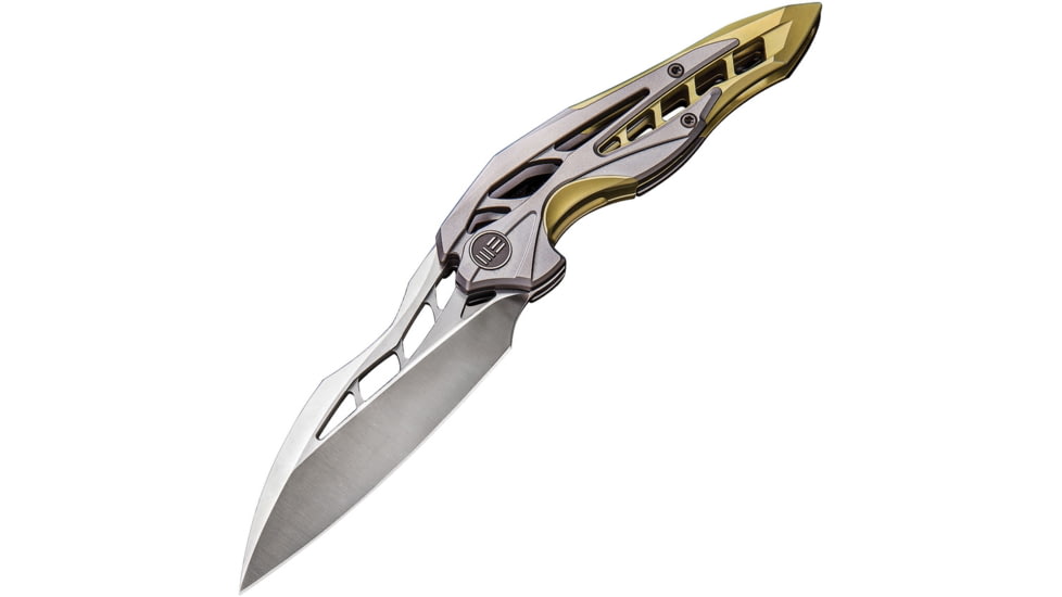 We Knife Co Ltd Arrakis Framelock Folding Knife, 4.5in Closed, 3.5in Satin Bohler M390 SS Blade, Gold And Silver Titanium Handle, Pocket Clip, Black Nylon Zippered Storage Case, Gold and silver, 906C
