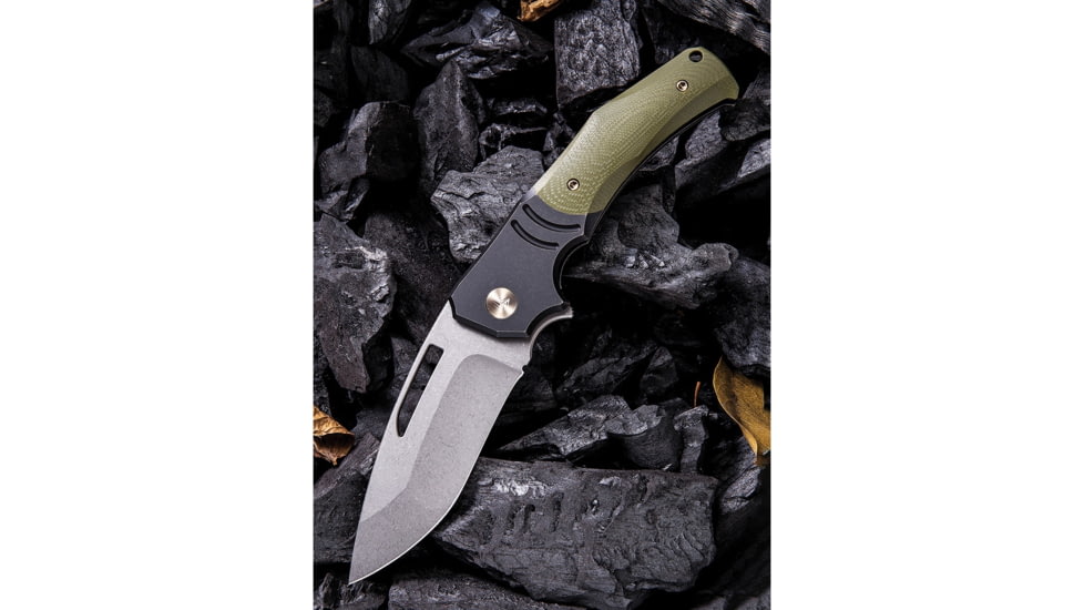 We Knife Co Ltd JIXX Framelock Folding Knife, 4.5in Closed, 3.5in Stonewash M390 SS Blade, Black Stonewash Titanium Handle w/Green G10 Inlay, Black Nylon Zippered Case, Black/Green, 904A