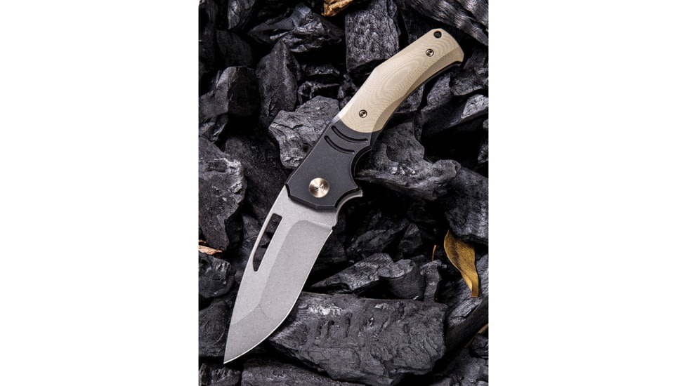 We Knife Co Ltd JIXX Framelock Folding Knife, 4.5in Closed, 3.5in Stonewash M390 SS Blade, Black Stonewash Titanium Handle w/Tan G10 Inlay, Black Nylon Zippered Case, Black, 904B