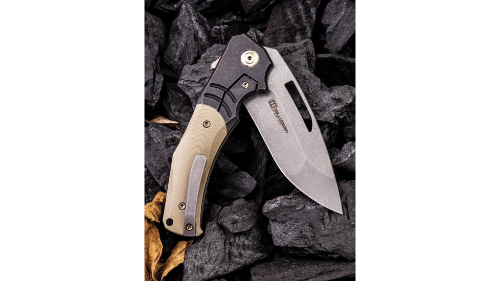 We Knife Co Ltd JIXX Framelock Folding Knife, 4.5in Closed, 3.5in Stonewash M390 SS Blade, Black Stonewash Titanium Handle w/Tan G10 Inlay, Black Nylon Zippered Case, Black, 904B