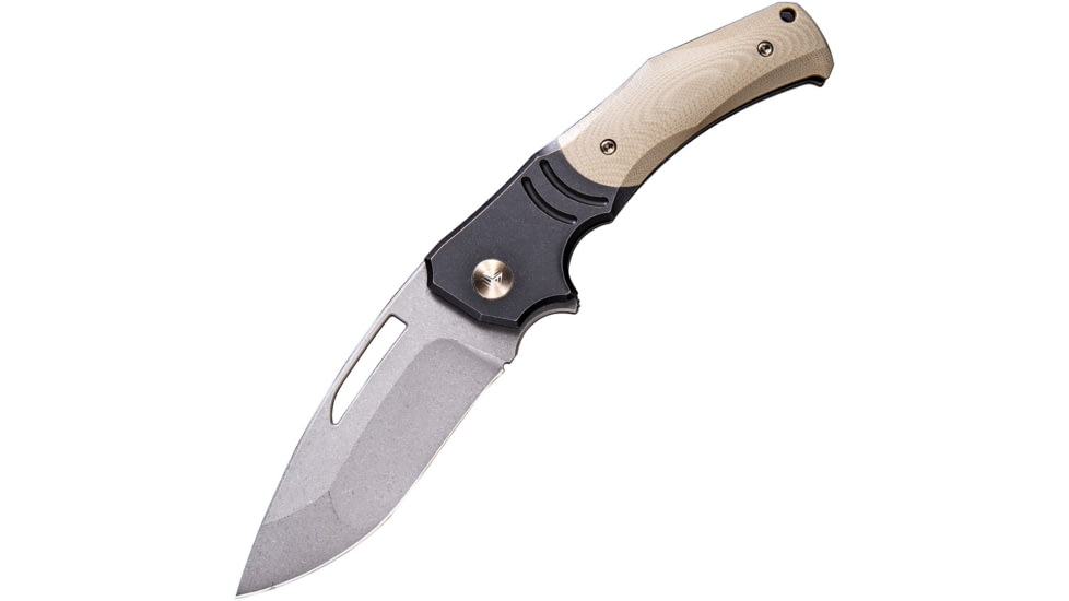 We Knife Co Ltd JIXX Framelock Folding Knife, 4.5in Closed, 3.5in Stonewash M390 SS Blade, Black Stonewash Titanium Handle w/Tan G10 Inlay, Black Nylon Zippered Case, Black, 904B