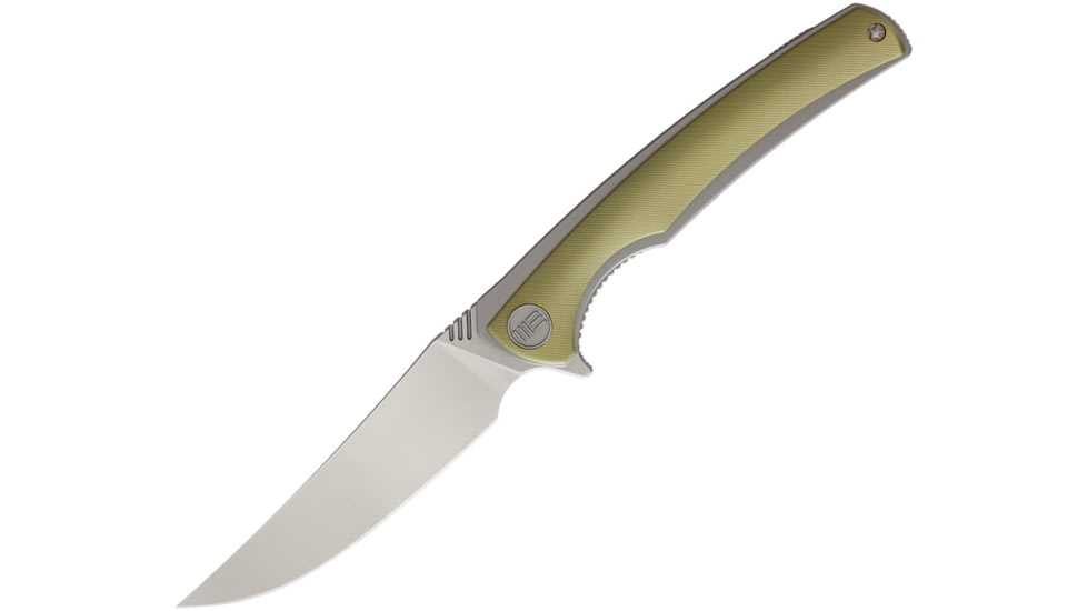 We Knife Co Ltd Limited Edition Linerlock Gold Satin Handle, 4.5in Closed, 3.5in Damascus Steel Clip Point, Bronze Titanium Handle w/Carbon Fiber Onlay, Serialized Limited Edition Of 90, Bronze, 704DS