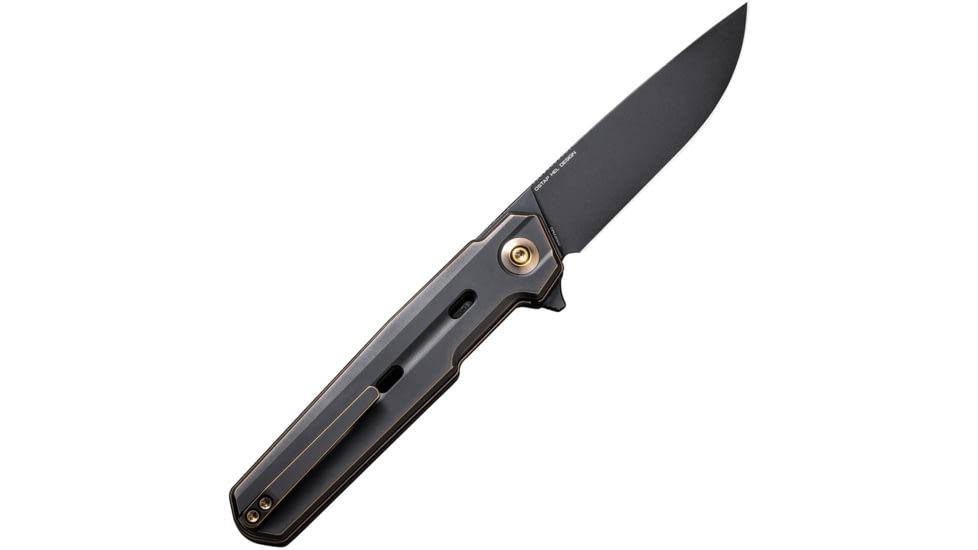 We Knife Co Ltd Navo Bronze Folding Knife, 4.5in Closed, 3.25in Black Stonewash CPM-20CV Stainless Steel Blade, Black/Bronze Titanium Handle, Nylon Case, WE22026-3