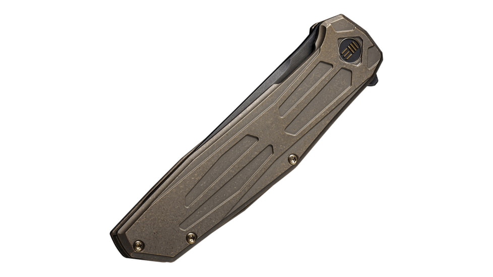 We Knife Co Ltd Shadowfire Bronze Folding Knife, 5in Closed, 4in Black Stonewash CPM-20CV Stainless Tanto Blade, Bronze Stonewash Titanium Handle, Nylon Case, WE22035-3