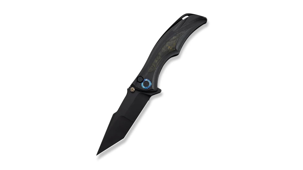 Tighe Down Flipper &amp; Thumb Stud &amp; Button Lock Knife Black Titanium Integral Handle With Black &amp; Yellow Carbon Fiber Inlay (4" Black Stonewashed Bohler M390 Blade, Tanto)