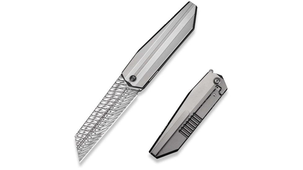 We Knife Co Ltd Collinear Flipper Knife Polished Bead Blasted &amp; Satin Titanium Handle And Endcap 3.67inch Fafnir Damasteel Blade