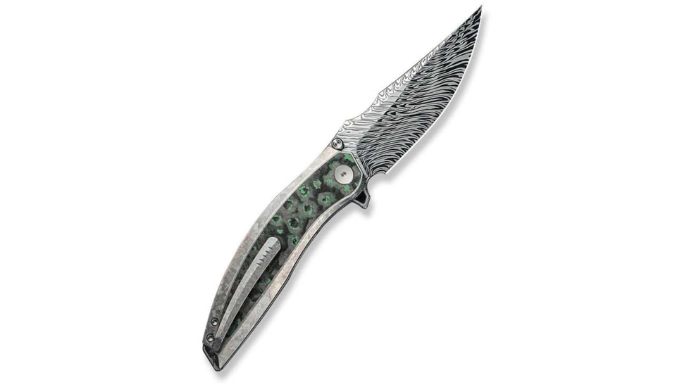 We Knife Co Ltd Weknife Quinseris Flipper &amp; Thumb Stud Knife Crystalized Silver Titanium Handle With Jungle Wear Fat Carbon Fiber Inlay 3.96inch Fafnir Damasteel Blade We23093-ds1 - WE23093-DS1