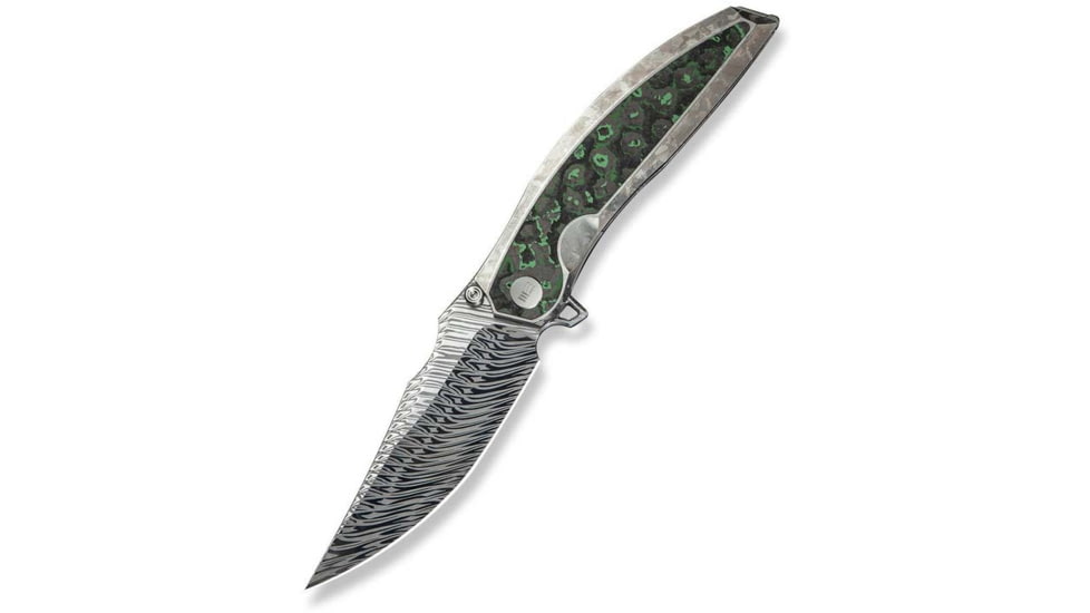 We Knife Co Ltd Weknife Quinseris Flipper &amp; Thumb Stud Knife Crystalized Silver Titanium Handle With Jungle Wear Fat Carbon Fiber Inlay 3.96inch Fafnir Damasteel Blade We23093-ds1 - WE23093-DS1