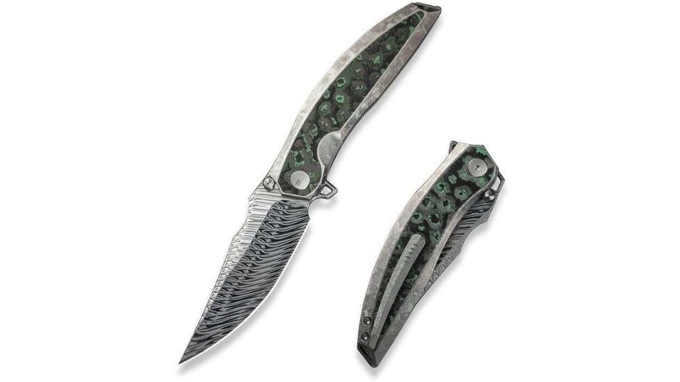 We Knife Co Ltd Weknife Quinseris Flipper &amp; Thumb Stud Knife Crystalized Silver Titanium Handle With Jungle Wear Fat Carbon Fiber Inlay 3.96inch Fafnir Damasteel Blade We23093-ds1 - WE23093-DS1