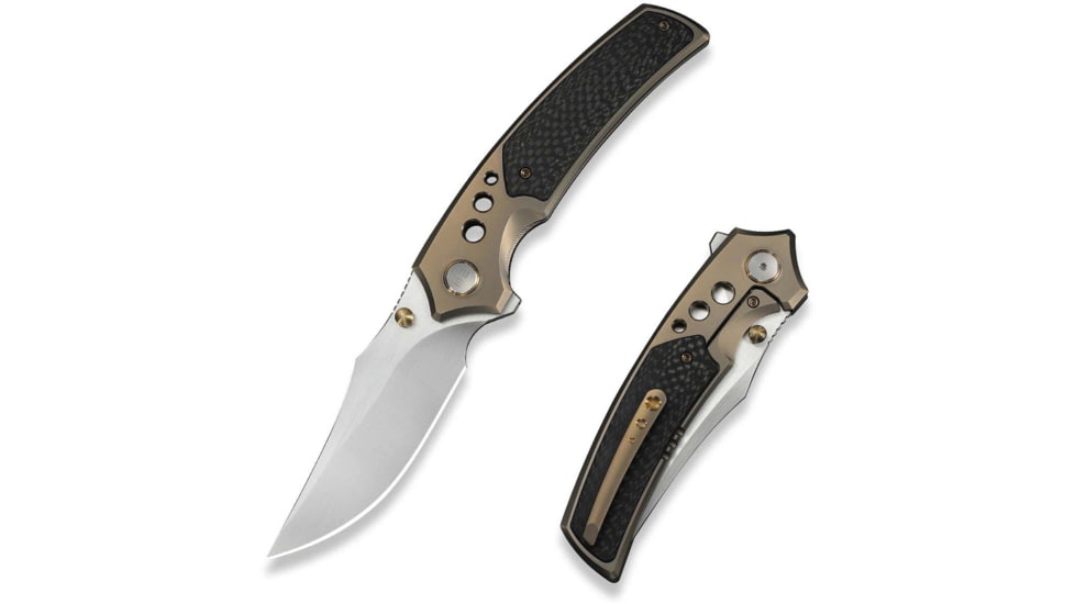 We Knife Co Ltd Skynix Flipper &amp; Thumb Stud Knife Champagne Titanium Handle With Twill Carbon Fiber Inlay