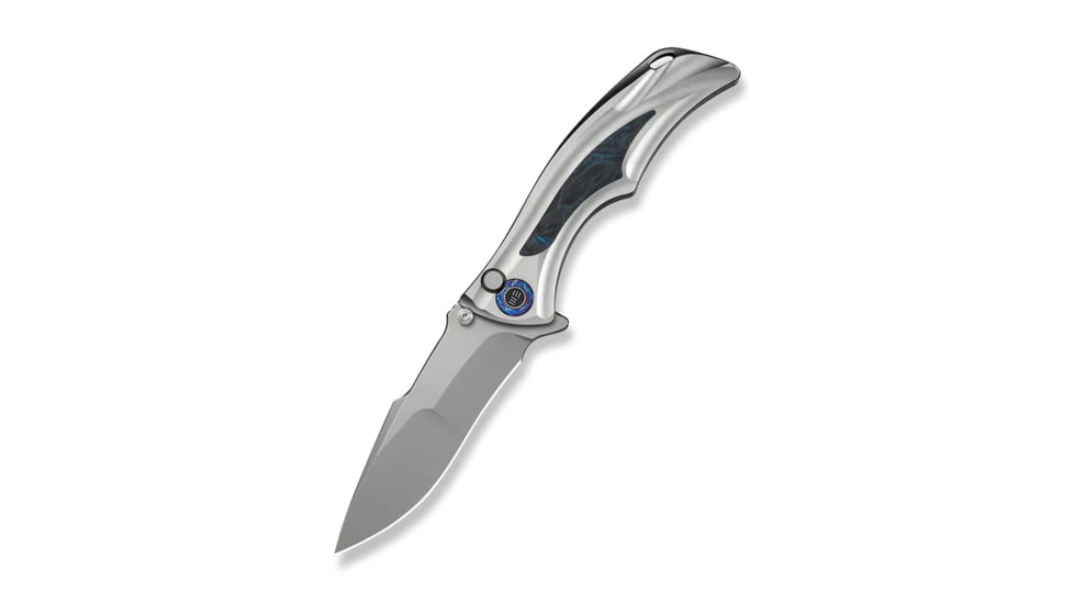 WEKNIFE Tighe Down Flipper &amp; Thumb Stud &amp; Button Lock Knife Gray Titanium Integral Handle With Black &amp; Blue Carbon Fiber Inlay