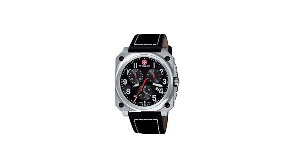 Wenger AeroGraph Cockpit Chronograph Mens Black Rectangle Dial w/ Black Leather Strap 77015