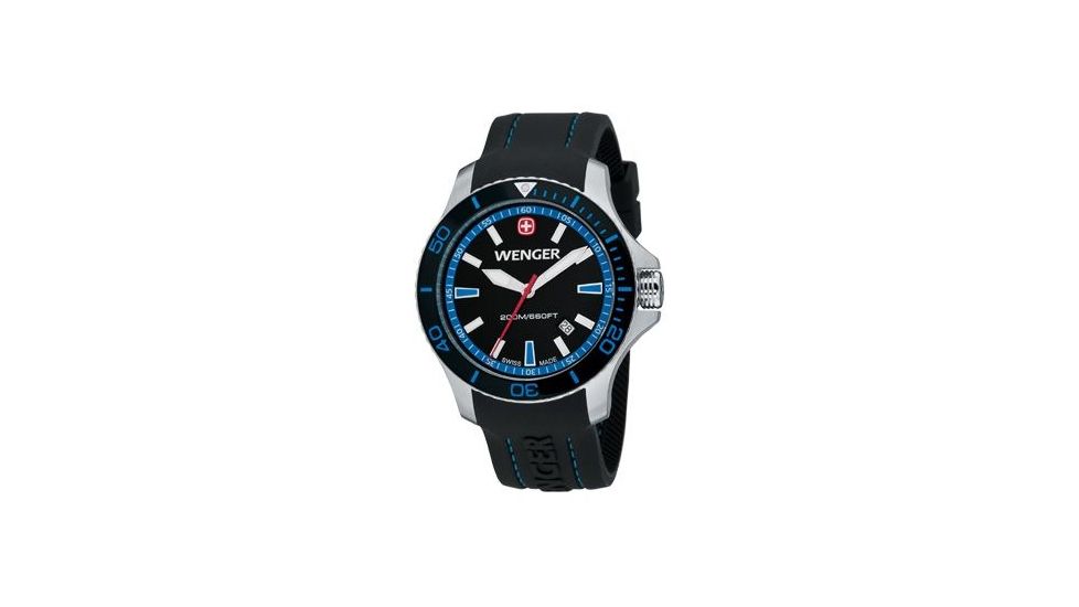 Wenger Mens Sea Force Swiss Watch w/ Black &amp; Blue dial black &amp; Blue Bezel Black Silicone Strap 641.104