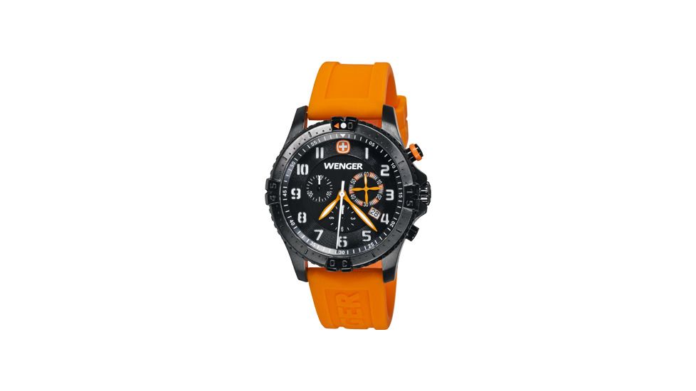 Wenger Mens Squadron Chrono Swiss Watch w/ Black &amp; Orange Dial/Silicone Strap set and special edition Ranger grip swiss army Knife &amp; laptop case 60758