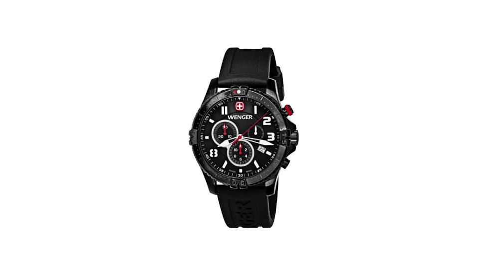 Wenger Mens Squadron Chrono Swiss Watch w/ PVD case/black dial/white numerals/black strap 77053