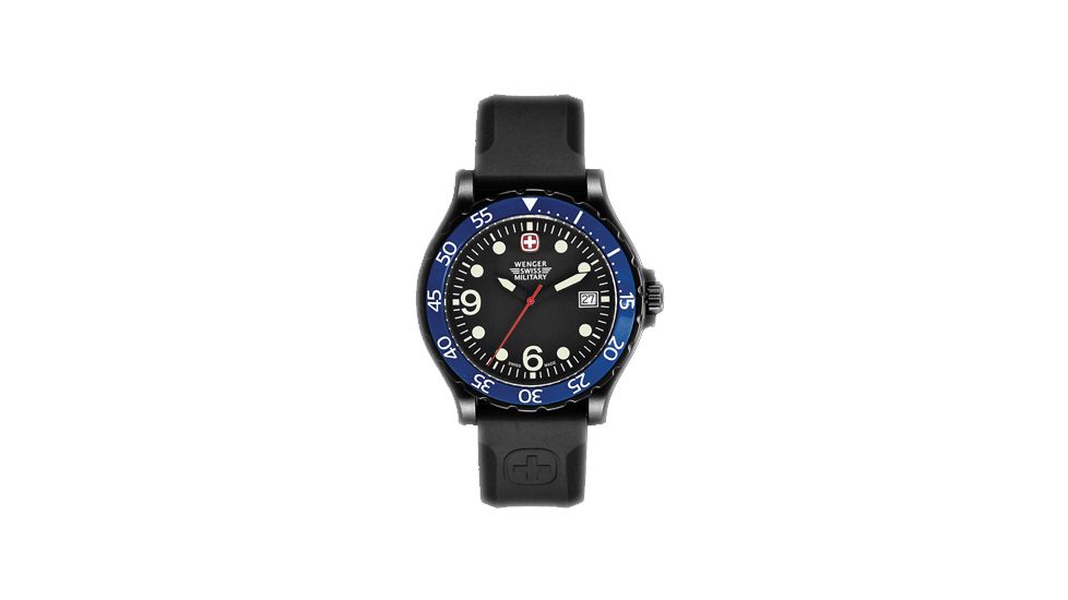 Wenger Mens Ranger Swiss Military Watch - Blue Bezel Black Dial Black Rubber Strap 70908