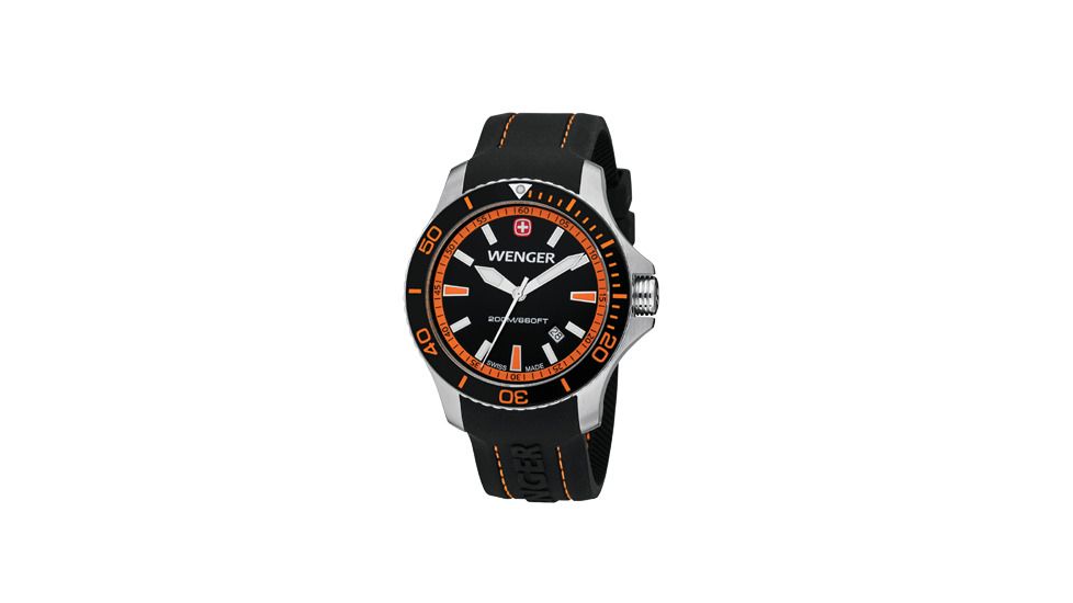 Wenger Sea Force Black &amp; Orange Dial Black &amp; Orange Bezel Black Silicone Strap 641102