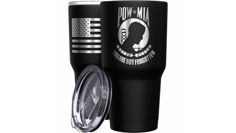 Wethepeopleholsters.Com POW MIA You are not forgotten + American Flag Stainless Steel Tumbler, 20 oz, Black, TUM02-0078BLACK