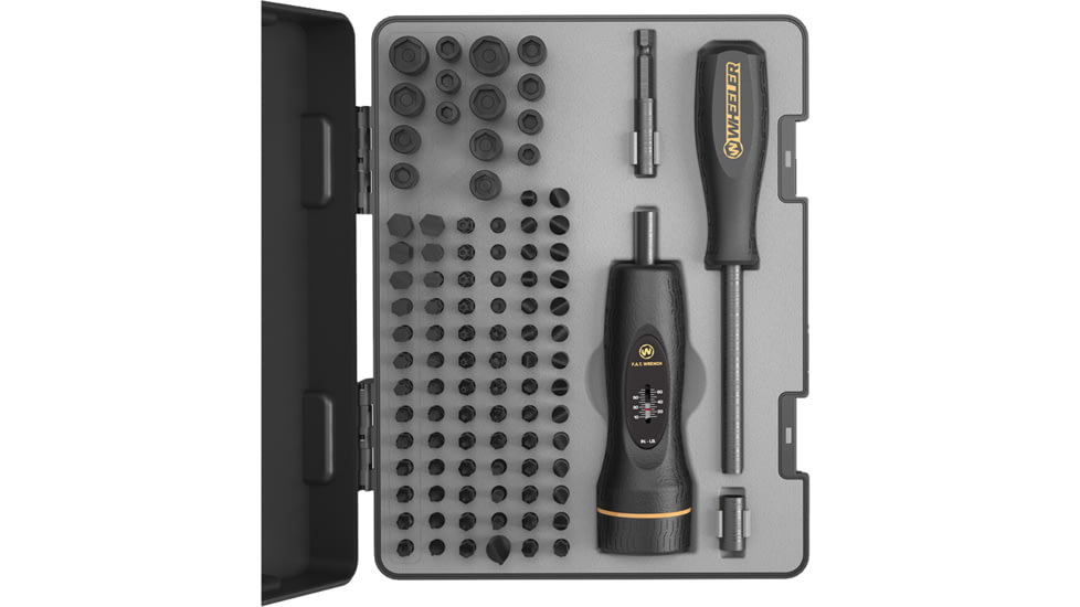 Wheeler Engineering Professional Screwdriver Set w/FAT Wrench, 10-65 in-lbs Adjustment Range, 0.25in Driver, Hollow-Ground Flat Bits, Texturized Rubber Grip, Black Phosphate, 100-Pack, 4001004