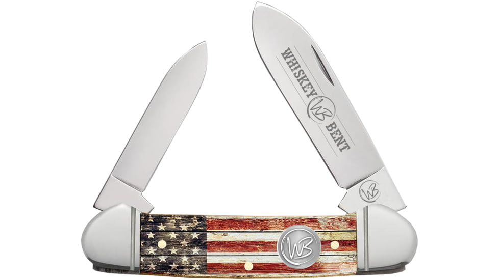 Whiskey Bent Knives Canoe Folding Knife, Spear &amp; Pen Blades, 440 Steel Blade, 3.63in Closed Length, Acrylic Handle, Patriot, WB12-01