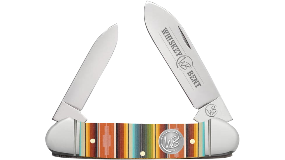 Whiskey Bent Knives Canoe Folding Knife, Spear &amp; Pen Blades, 440 Steel Blade, 3.63in Closed Length, Acrylic Handle, Serape Sunrise, WB12-03