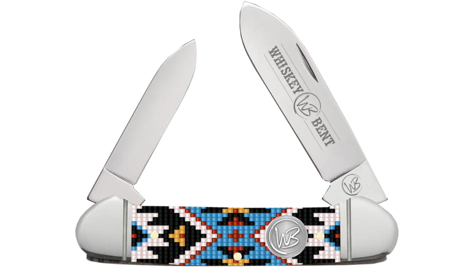 Whiskey Bent Knives Canoe Folding Knife, Spear &amp; Pen Blades, 440 Steel Blade, 3.63in Closed Length, Acrylic Handle, Sky Bead, WB12-06