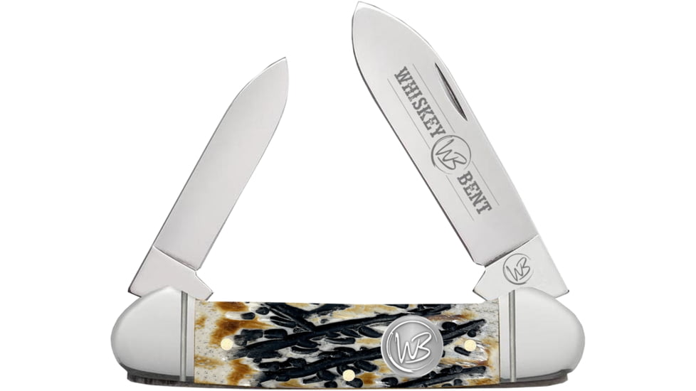 Whiskey Bent Knives Canoe Folding Knife, Spear &amp; Pen Blades, 440 Steel Blade, 3.63in Closed Length, Natural Bone Handle, Carved Burnt Bone, WB12-04