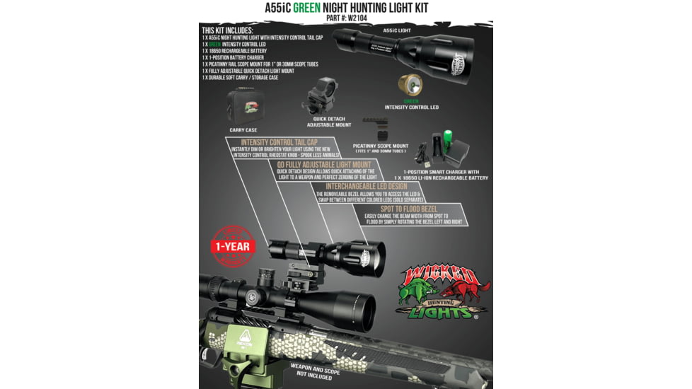 Wicked Hunting Lights A55iC LED Green Night Hunting Light Kit, Black, W2104