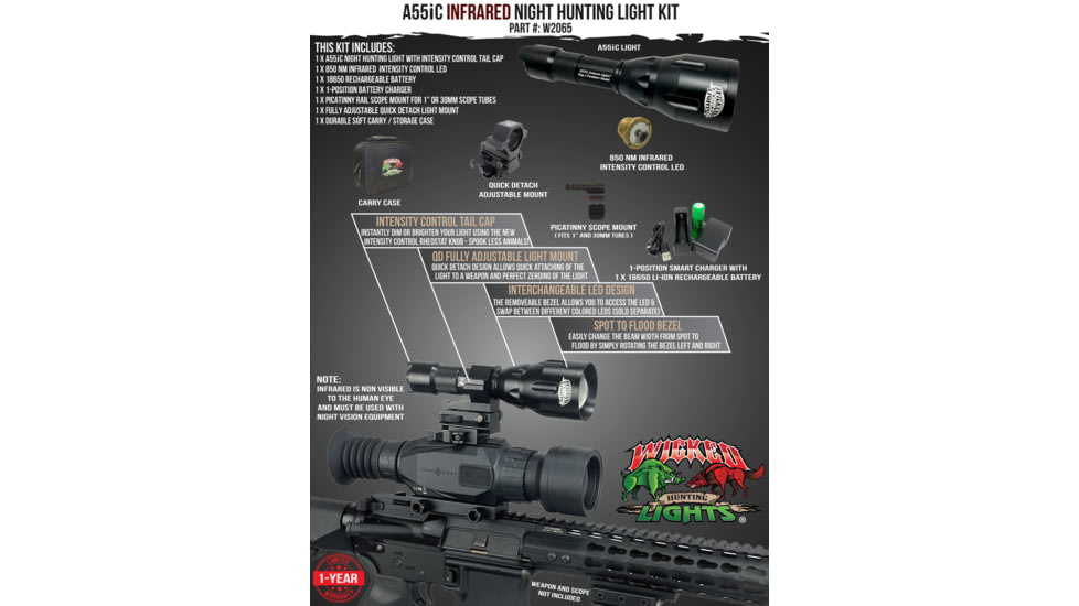 Wicked Hunting Lights A55iC LED Infrared Night Hunting Light Kit, Black, W2065