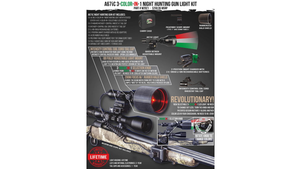 Wicked Hunting Lights A67iC 3-Color-In-1 Night Hunting Gun Light Kit, Green/Red/White, W2021