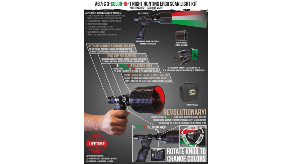 Wicked Hunting Lights A67iC 3-Color-In-1 Night Hunting Light Scan Kit, Green/Red/White, W2022