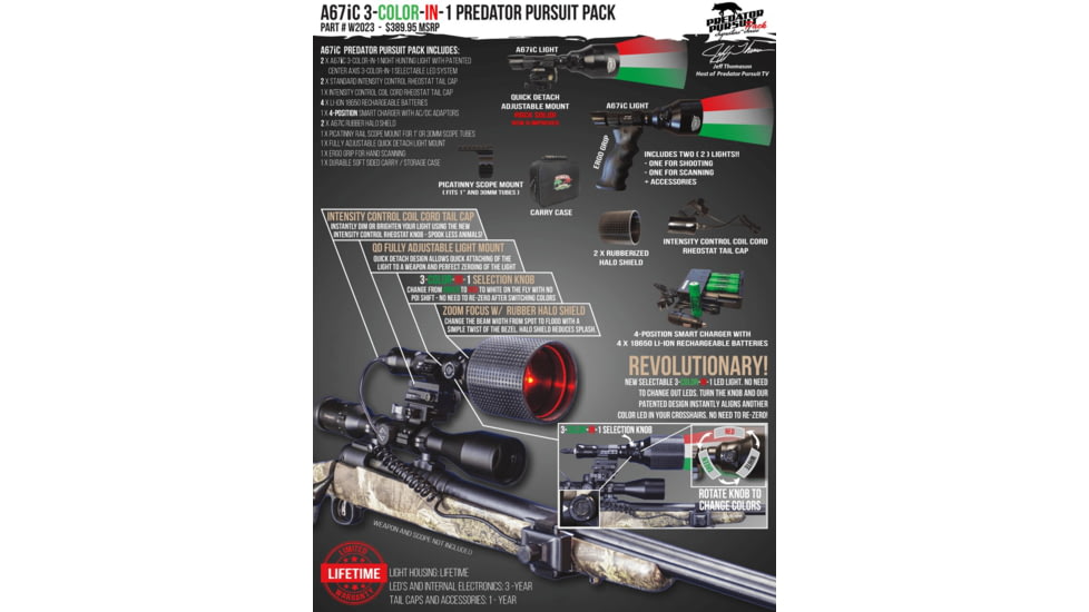 Wicked Hunting Lights A67iC 3-Color-In-1 Predator Pursuit Flashlight Pack, Green/Red/White, W2023