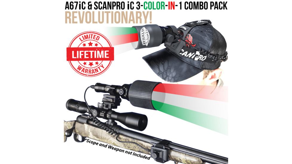 Wicked Hunting Lights A67iC and ScanPro iC 3-Color-In-1 Night Hunting Light and Headlamp Combo Kit, Green/Red/White, W2053