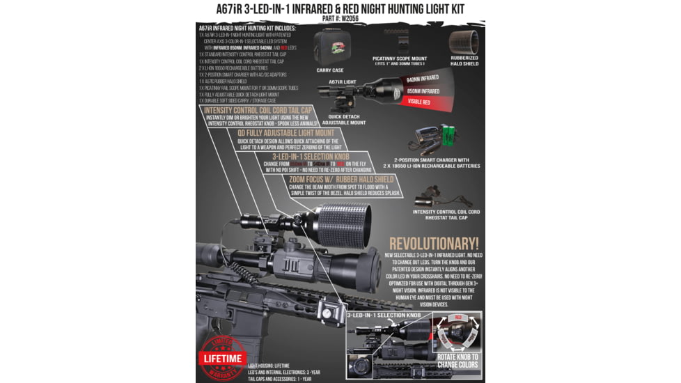 Wicked Hunting Lights A67iR 3-LED-In-1 Night Hunting Light Kit, 850nm Infrared, 940nm Infrared, Red, W2056