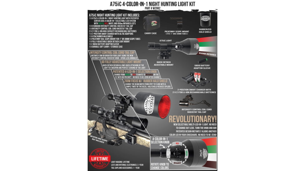 Wicked Hunting Lights A75iC 4-Color-In-1 Night Hunting Light Kit, Green, Red, White, 850nm Infrared, W2082