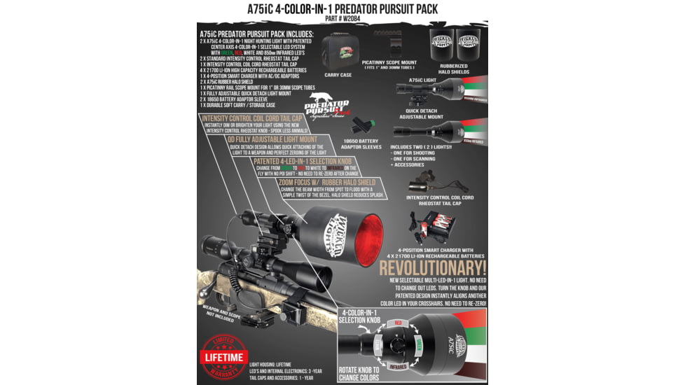 Wicked Hunting Lights A75iC 4-Color-In-1 Predator Pursuit Pack, Green, Red, White, 850nm Infrared, W2084