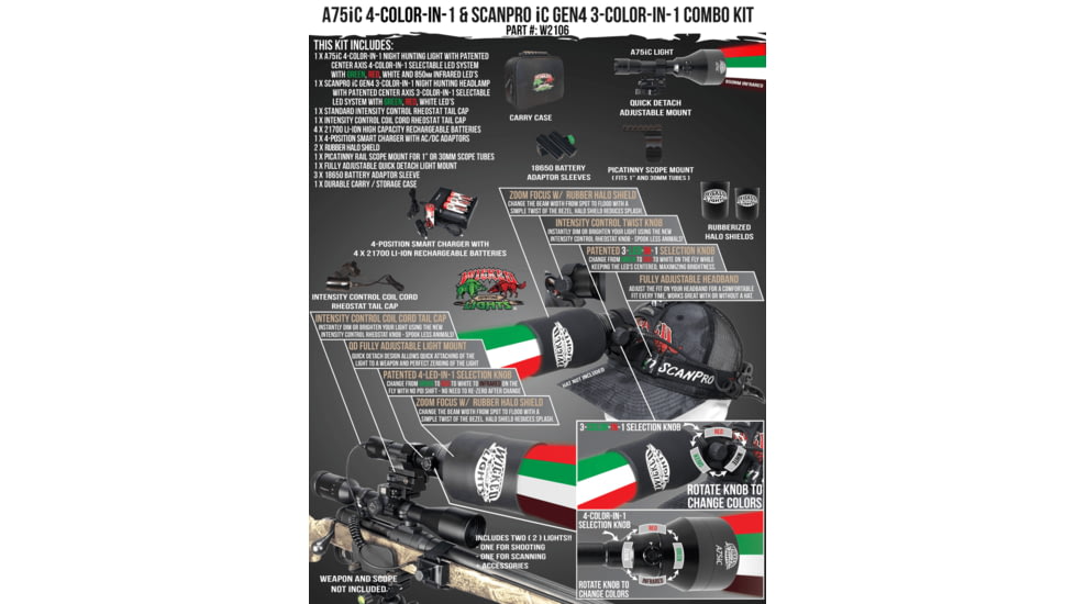 Wicked Hunting Lights A75iC LED &amp; ScanPro iC LED 3-Color-In-1 GEN4 Combo Kit, Black, W2106