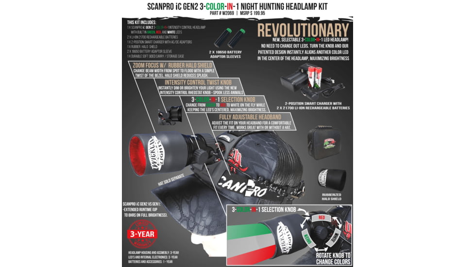 Wicked Hunting Lights ScanPro iC 3-Color-In-1 GEN 2 Night Hunting Headlamp Kit, Green, Red, White, W2069